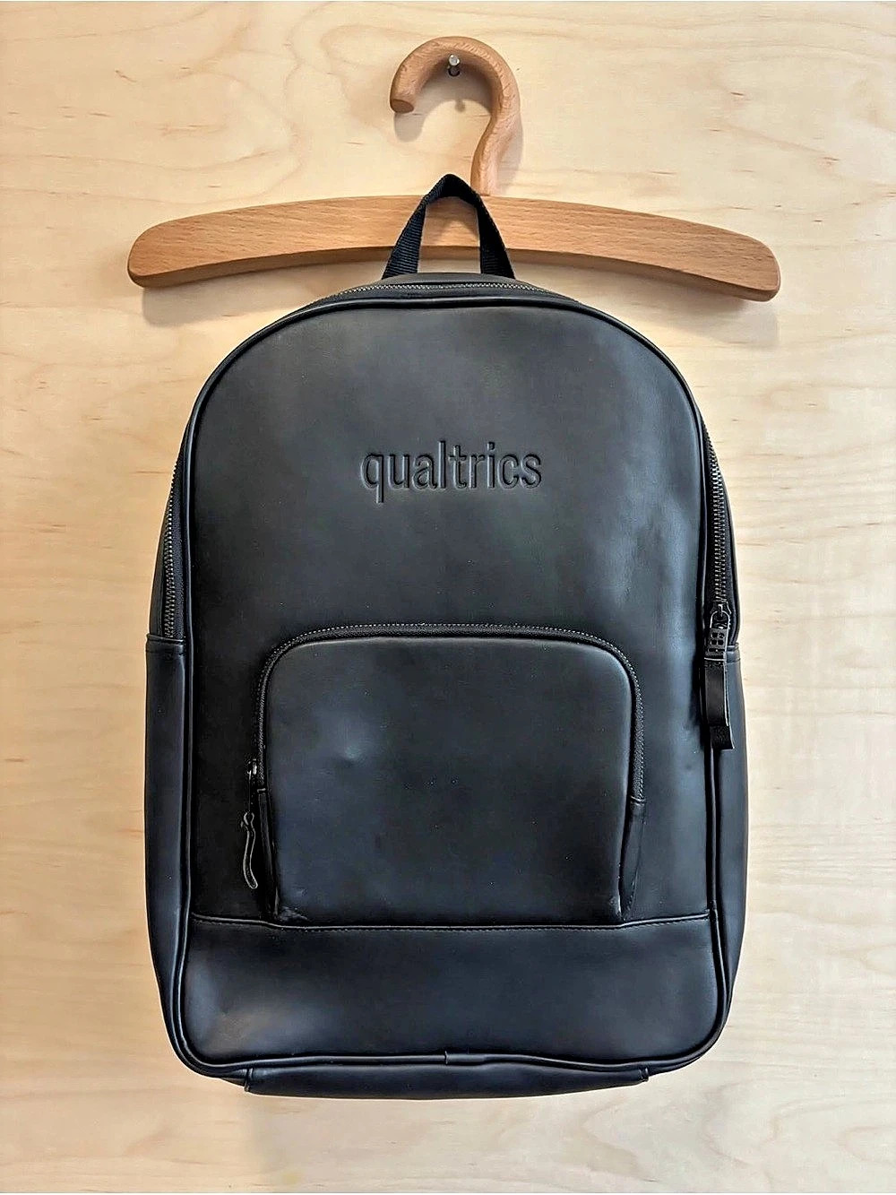 Qualtrics Black Faux Leather Backpack 3 Compartments Laptop Work Bag Excellent P